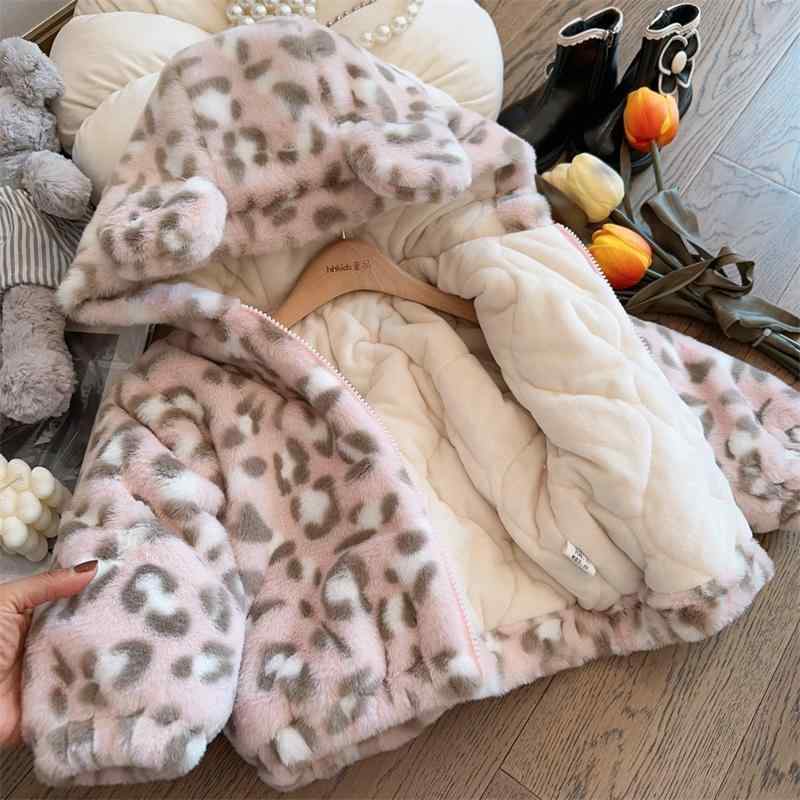 アウター 女の子 キッズ 子供用 秋冬 裏ボア 厚手 あったか フード付き ジップアップ ヒョウ柄 もこもこ ファー 韓国風 おしゃれ かわいい 長袖 ミドル丈 ピンク 綿 コットン