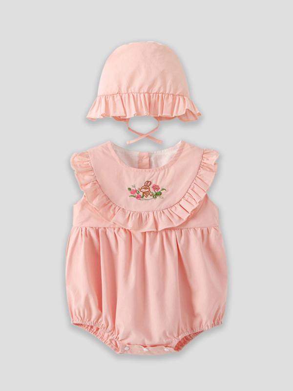 ロンパース ベビー 女の子 春夏 韓国風 綿100% 肌に優しい ノースリーブ ウサギ 刺繍 ピンク かわいい プリンセス 前開き スナップボタン 帽子付き 部屋着 新生児
