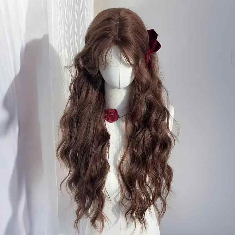 ウィッグ レディース 女性用 ナチュラル フルウィッグ ロング カール ゆるふわ ルーズウェーブ 秋色マロンブラウン 斜め前髪 高温ファイバー 日常使い