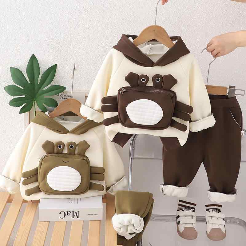 セットアップ 男の子 ベビー キッズ 幼児 裏起毛 厚手 フード付き 立体カニポケット パーカー スウェット 上下セット 秋冬 冬 スポーツ カジュアル おしゃれ かわいい 暖かい 綿 普段着 部屋着
