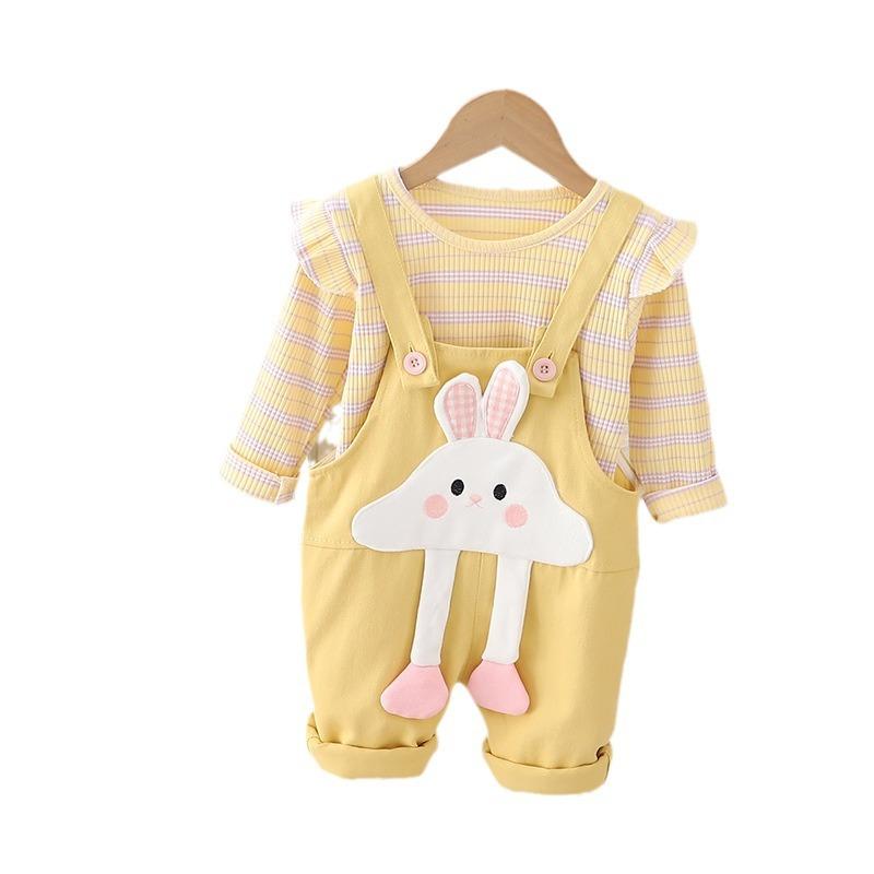 セットアップ ベビー 女の子 1歳 2歳 3歳 幼児 春秋 韓国風 おしゃれ かわいい うさぎ キャラクター 長袖 ロングパンツ サロペット オーバーオール 綿素材 2点セット ピンク イエロー