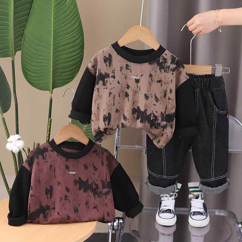 子供服 男の子 ベビー キッズ 柔らか 綿素材 肌触り良い カジュアル 韓国風 スウェットシャツ トレーナー デニムパンツ セットアップ ツーピース 春秋 1歳 2歳 3歳 4歳 5歳