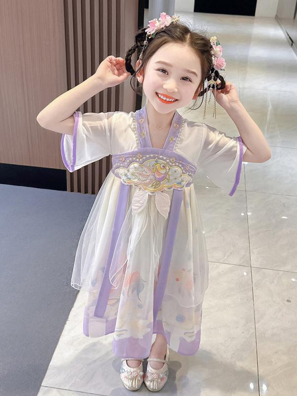ワンピース キッズ 女の子 漢服 中国風 唐装 改良 半袖 春夏 かわいい プリンセス 優雅な 花柄 シフォン チュール 裏地付き ドレス ピンク パープル
