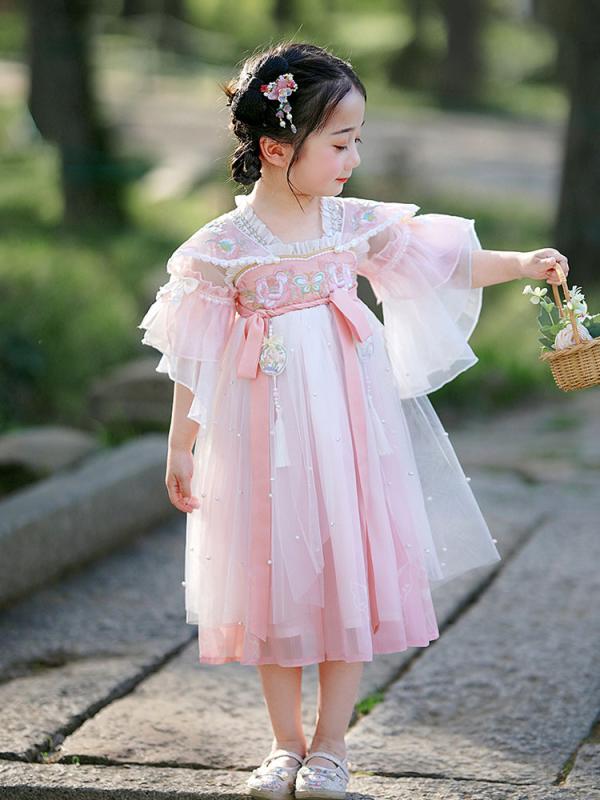 チャイナドレス 女の子 半袖 春夏 中国風 漢服風 改良型 エレガント プリンセス ふんわり シフォン 花柄 柔らかい 薄手 ポリエステル素材 レトロモダン かわいい 切り替えデザイン