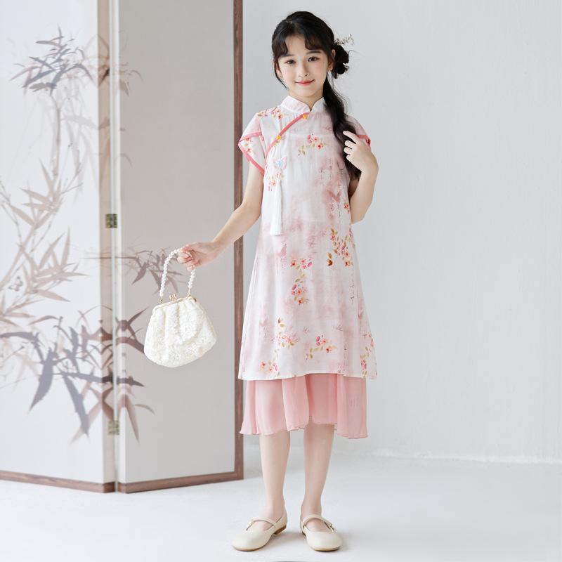 チャイナドレス キッズ 女の子 ジュニア 夏 薄手 軽量 新しい中国風 漢服 唐装 民族風 花柄 ピンク 綿混 再生繊維 ワンピース セットアップ おしゃれ