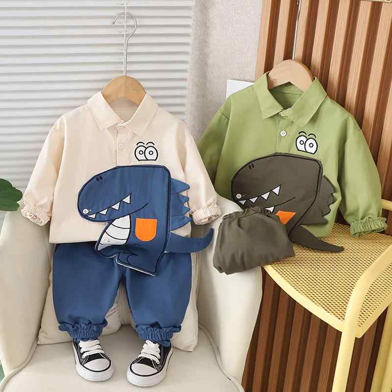 キッズ 男の子 女の子 セットアップ 長袖 シャツ 恐竜 キャラクター かわいい 韓国風 秋冬 綿混 ロングパンツ 上下セット カジュアル グリーン オフホワイト