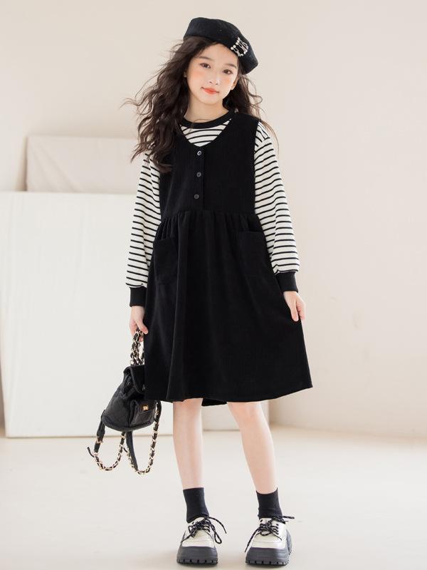 セットアップ キッズ 女の子 ジュニア ストライプ 長袖 Tシャツ ジャンパースカート 2点セット 韓国風 カジュアル レイヤード 春秋 コットン混 ポリエステル ブラック