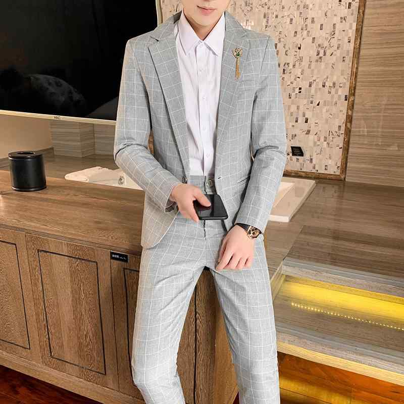 スーツ メンズ 男性用 格子柄 テーラードジャケット パンツ セットアップ 2点セット 韓国風 スリムフィット 春夏 ポリエステル素材 ビジネス カジュアル 通勤 オフィス 結婚式 パーティー