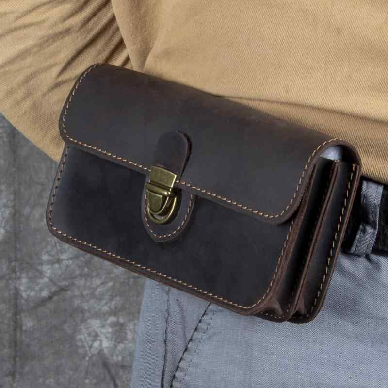 スマホバッグ メンズ クレイジーホースレザー 本革 牛革 横型 ダブルポケット ロック式開閉 スクエア型 ウエストバッグ ウエストポーチ ベルトポーチ 作業用 普段使い レトロ ヴィンテージ コンパクト