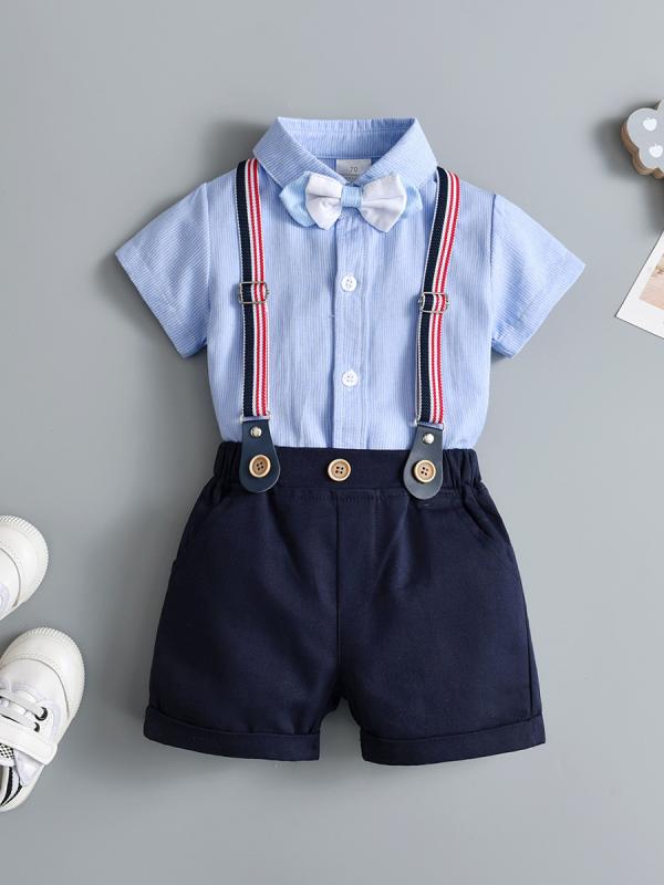 子供服 ベビー 男の子 薄手 半袖 ブリティッシュスタイル サロペット パンツ セットアップ 2点セット 綿素材 無地 シングルボタン ショートパンツ かわいい 春夏 お出かけ 普段着