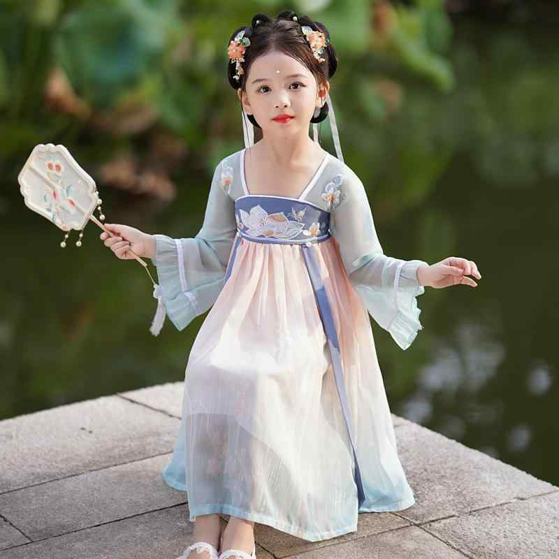 ワンピース キッズ 女の子 中国風 チャイナドレス 漢服 唐装 花柄 プリンセス かわいい シフォン チュール コットン裏地 柔らかな肌触り 秋 イベント 発表会