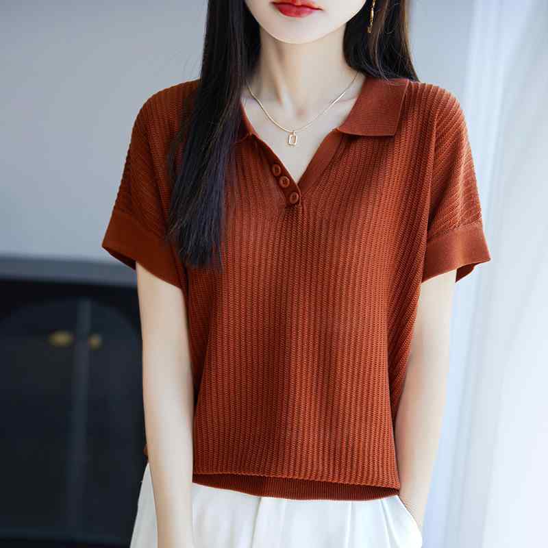 ニット レディース 春夏 薄手 テンセル リヨセル 再生繊維 半袖 襟付き プルオーバー 無地 通勤 オフィス カジュアル トップス