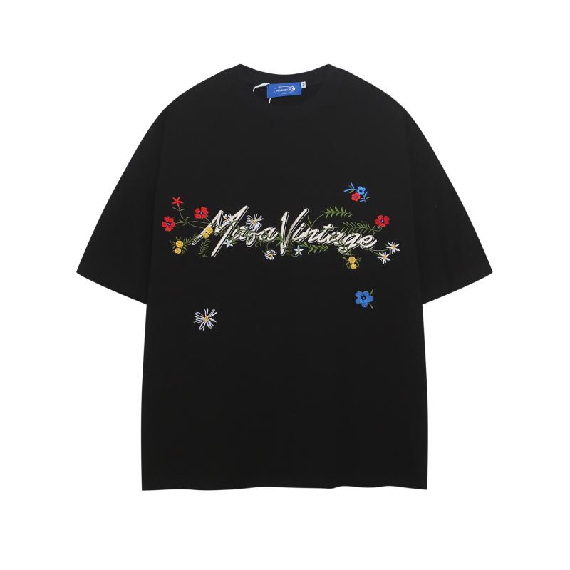 Tシャツ メンズ レディース 男女兼用 ヘビーウェイト コットン 半袖 花柄 ロゴ 刺しゅう ゆったり ストリート クルーネック カジュアル ペア 春夏 ブラック グレー