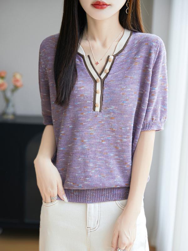 ニット 半袖Tシャツ レディース 接触冷感 再生繊維 テンセル リヨセル 薄手 Vネック ゆったり プルオーバー 切り替え 配色 通勤 春夏 パープル