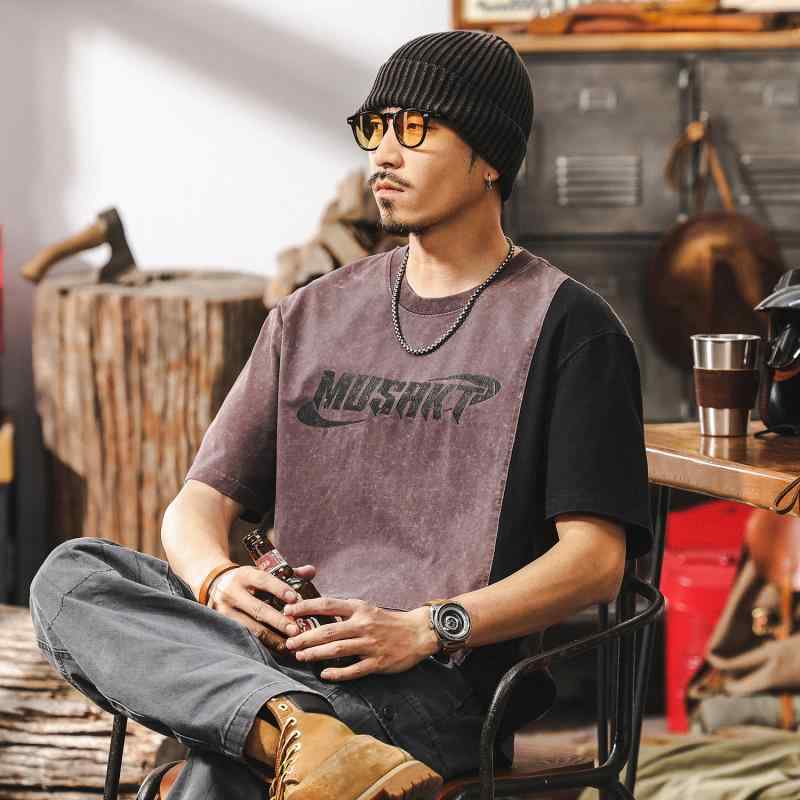 Tシャツ メンズ 夏服 260g ヘビーウェイト 厚手 抗菌防臭 ゆったり オーバーサイズ 半袖 切り替え プリント アメカジ 紫