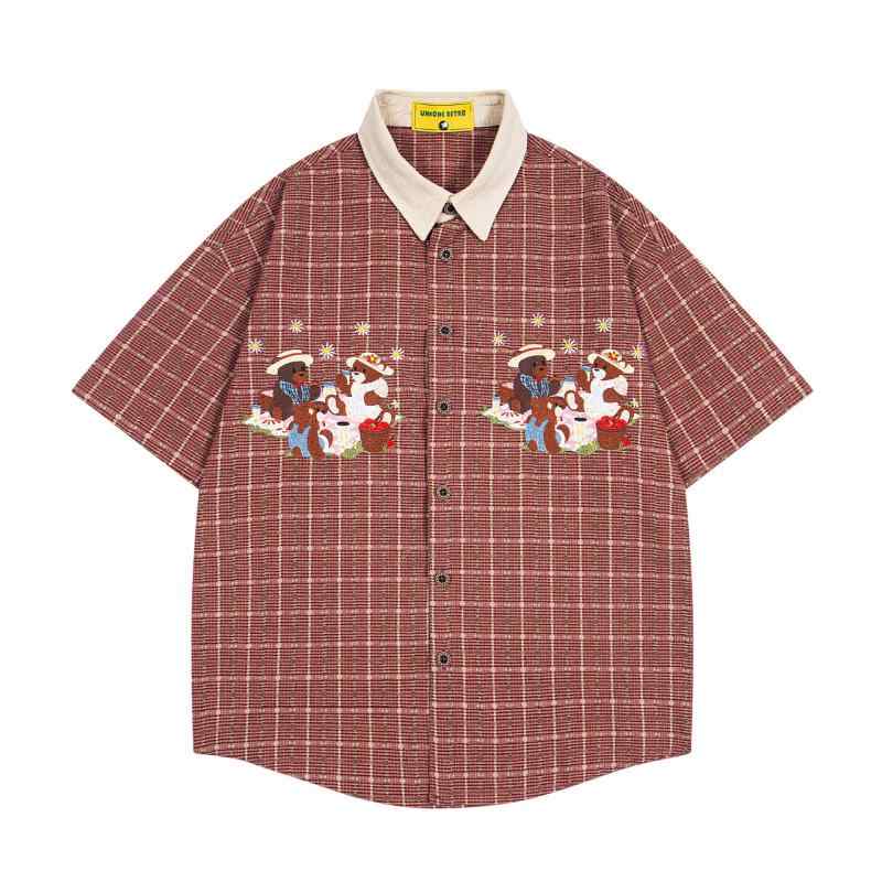 シャツ ユニセックス 通気性 半袖 アメリカン レトロ チェック柄 刺繍 クマ ゆったり オーバーサイズ カジュアル 着回し抜群 ペアルック