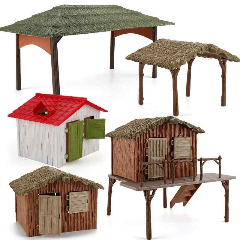 ジオラマ DIY組み立て式 リアル情景 牧場小屋 ミニチュア 動物フィギュアセット 茅葺き藁ぶきハウス プラスチック製 子供向けおもちゃ