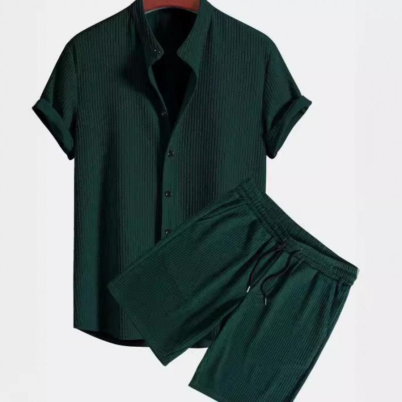メンズ セットアップ リブ 半袖 Tシャツ ショートパンツ ゆったり ビーチ リゾート カジュアル アクティブ 部屋着 快適 春夏 ポリエステル混紡 無地 2点セット
