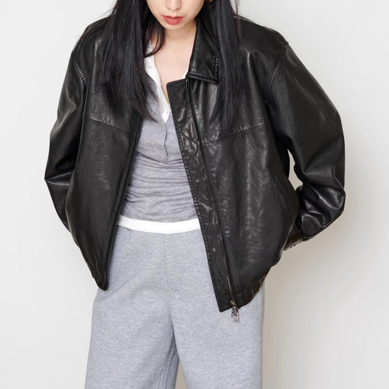 レザージャケット レディース ラムレザー 羊革 ライダースジャケット ジップアップ ポロ襟 ゆったり ショート丈 ブラック 黒 アメリカン アメカジ レトロ ヴィンテージ