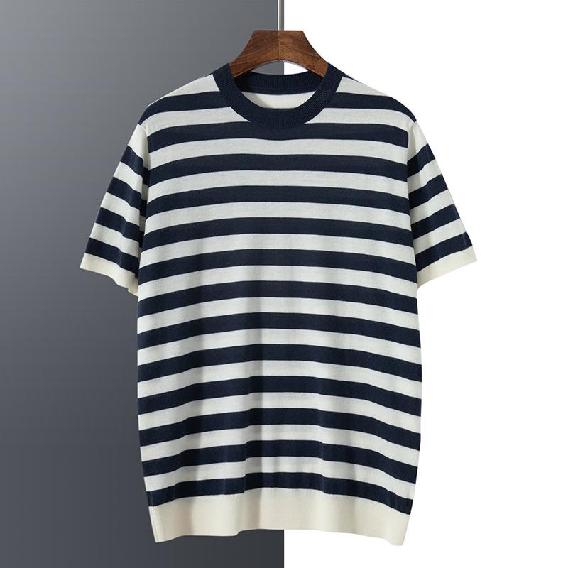 ニット メンズ 100% 精紡 カシミヤ 薄手 細番手 丸首 半袖 プルオーバー 配色 ストライプ ビジネス カジュアル 休日 デイリー ゆったり リラックスフィット 春夏