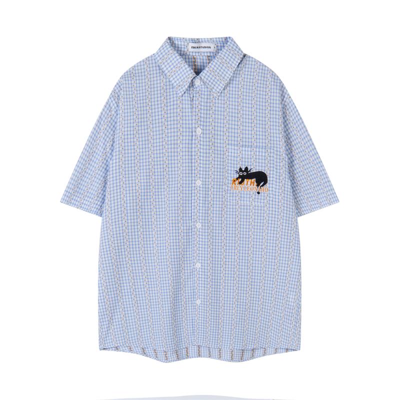 シャツ ユニセックス 日系レトロ 個性的デザイン 猫刺繍 チェック柄 半袖 ゆったり オーバーサイズ カジュアル 綿混 襟付き 春夏