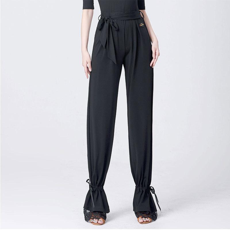 パンツ レディース ウエストゴム 裾絞り ラテンダンス 社交ダンス 練習着 フリル ロング スタンダードダンス 大人用 ポリエステル 黒 春夏秋