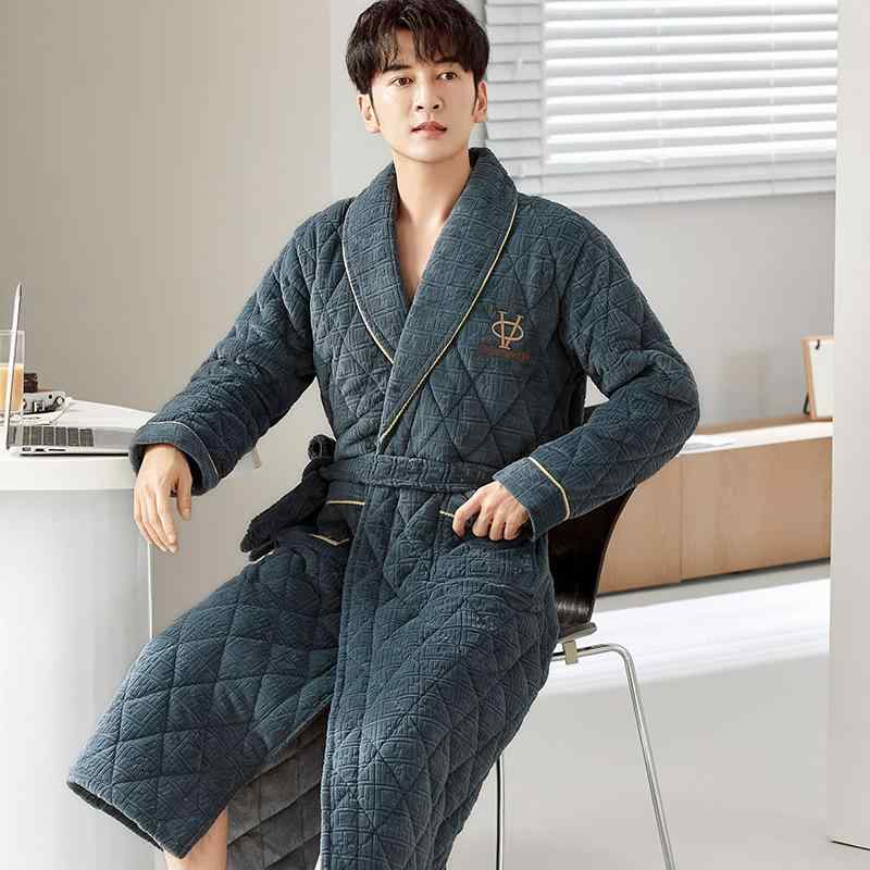 ガウン メンズ 男性用 秋冬 あったか 保温 極厚 三層構造 中綿入り 裏ボア フランネル 珊瑚フリース ゆったり 大きいサイズ Vネック 部屋着 ルームウェア ナイトウェア バスローブ 高級感