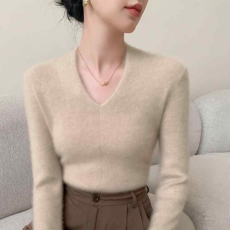ニット レディース カシミヤ Vネック 長袖 無地 プルオーバー スリムフィット 中厚手 着痩せ効果 体型カバー やわらか素材 通勤 オフィス エレガント きれいめ 上品 秋冬|モズラボ