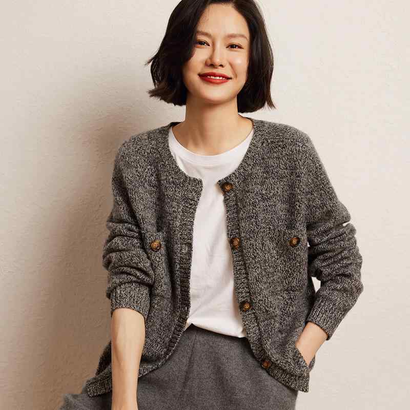 ニット レディース カシミヤ混 ゆったり 体型カバー 厚手 ラウンドネック カーディガン メランジ シングルボタン 両ポケット 秋冬 カジュアル シンプル