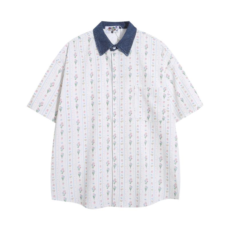 シャツ メンズ 春夏 ポリエステル 通気性 接触冷感 ノーアイロン 日系 レトロ 古着風 ニッチデザイン ドレープ感 半袖 花柄 配色切り替え ゆったり オーバーサイズ 開襟 クール カジュアル リゾート ストリート 羽織り