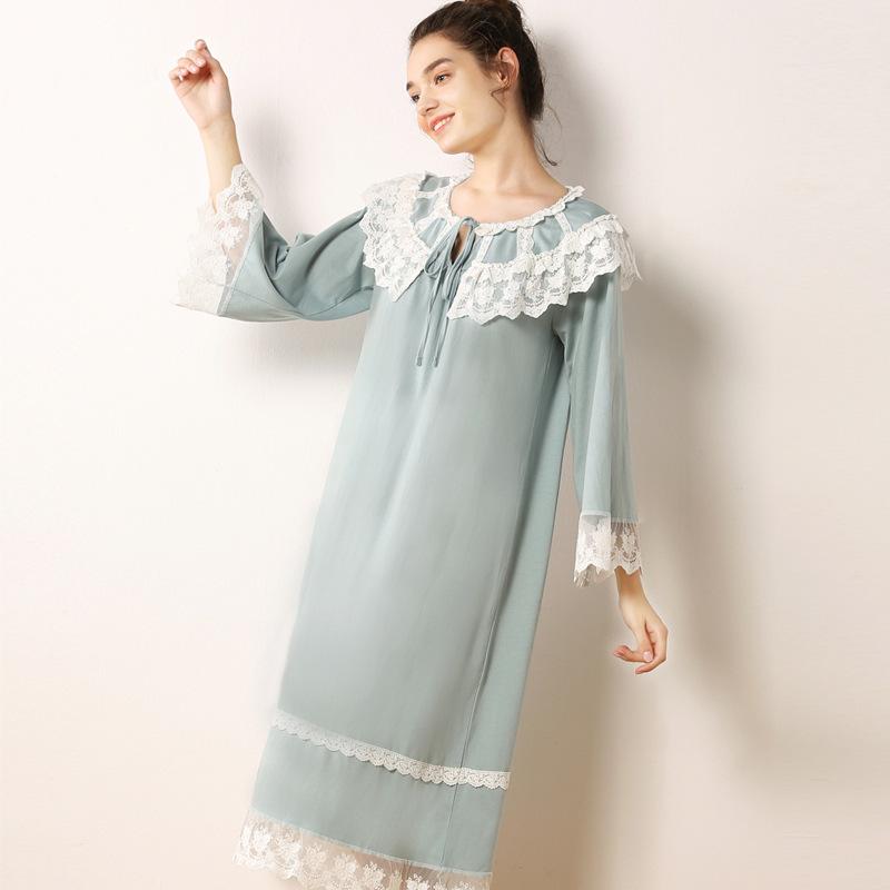 ワンピース レディース 長袖 レース フリル プリンセス かわいい ニット コットン ロング丈 快適 通気性 ストレッチ ゆったり 大きいサイズ パジャマ ネグリジェ ルームウェア 部屋着