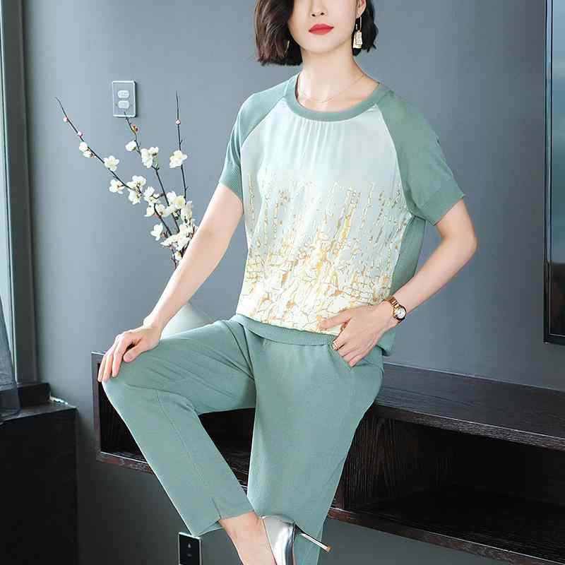 カジュアルセットアップ レディース ミセス 薄手 春夏 ゆったり リラックス 半袖 Tシャツ 切り替え 幾何学模様 ニット ロングパンツ スポーツウェア ルームウェア 部屋着 2点セット|モズラボ