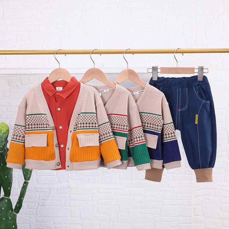 キッズ 男の子 セットアップ 3点セット カーディガン 長袖トップス パンツ シングルボタン 前ボタン チェック柄 薄手 柔らかい 綿 コットン 1歳 2歳 3歳 4歳 5歳 幼児 春秋 カジュアル 普段着 通園