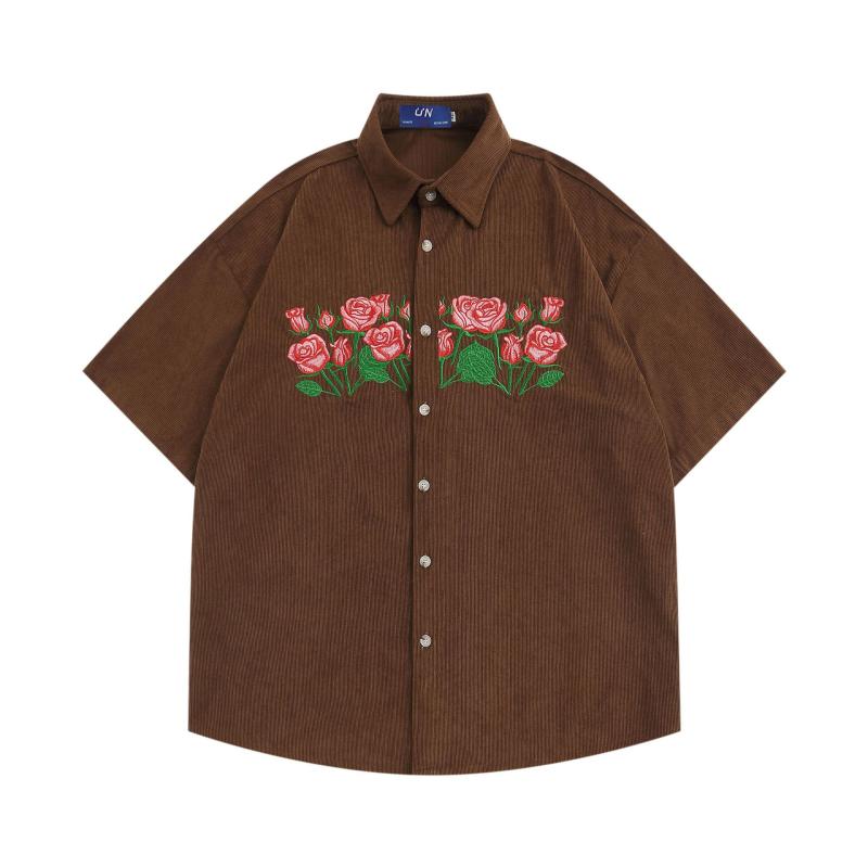 シャツ メンズ レディース ユニセックス 通気性 シワになりにくい アメリカンヴィンテージ レトロ 薔薇刺繍 半袖 ゆったり コーデュロイ 個性的 夏用
