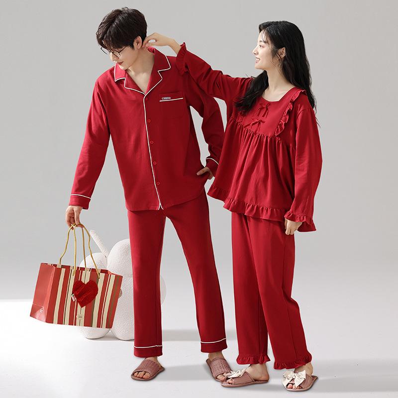 パジャマ ルームウェア メンズ レディース 綿100% カップル ペア 新婚祝い 結婚祝い レッド 赤 春秋 秋冬 通気性 伸縮性 保温 部屋着 外着可能 上下セット