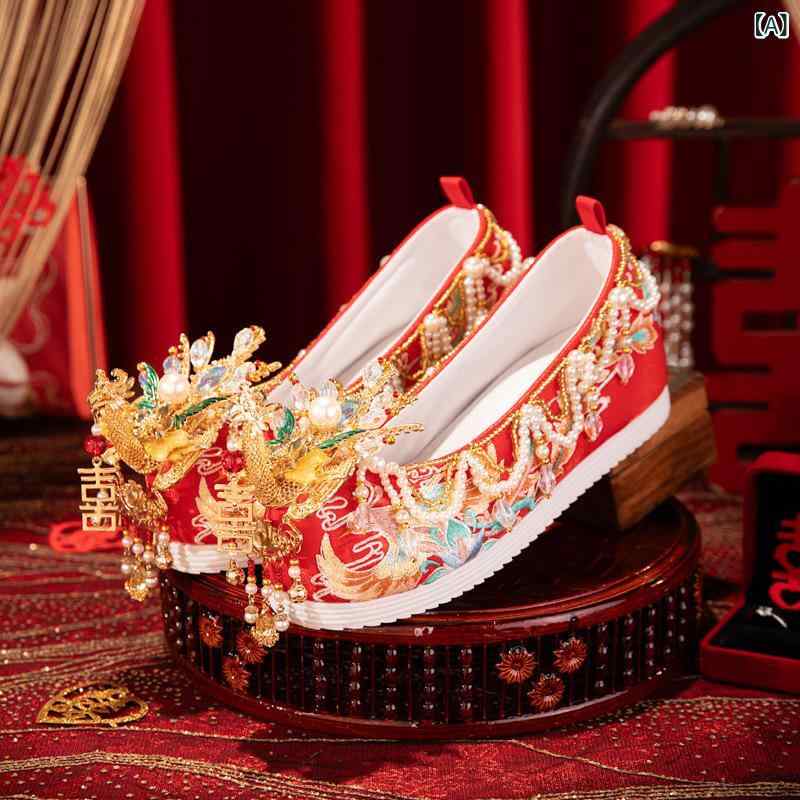 レディース ブライダルシューズ 中国風 漢服靴 豪華刺繍 花柄 パールチャーム 通気性 コットン素材 ゴム底 ローヒール 反りつま先 ポインテッドトゥ 結婚式 披露宴 春夏秋