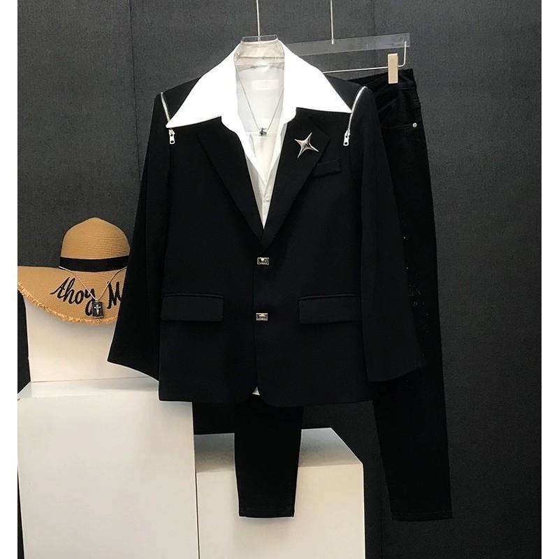 ジャケット メンズ ゆったり ルーズフィット 高級感 スタンドカラー メタルボタン ファスナー飾り パッド入りショルダー 長袖 ポリエステル素材 トレンド 個性的デザイン オリジナルデザイン|モズラボ