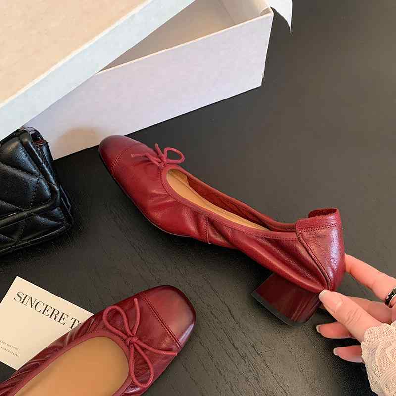 パンプス レディース 痛くない 極厚クッション 本革 牛革 浅履き リボン ラウンドトゥ ミドル 太ヒール シンプル 万能 オフィス ワーク 通勤 日常使い|モズラボ
