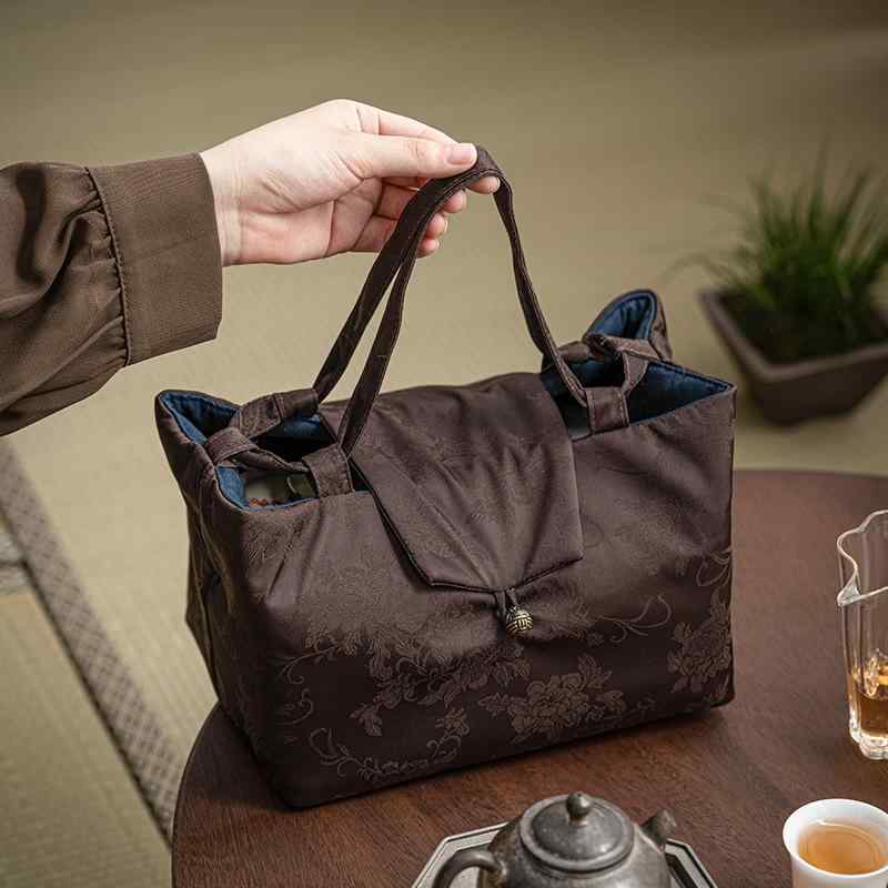茶道具 収納バッグ 厚手 ポータブル 旅行用 新中式スタイル 禅意 牡丹柄 茶器 急須 湯呑み セット 布製 大容量 手提げ アウトドア キャンプ ピクニック オフィス