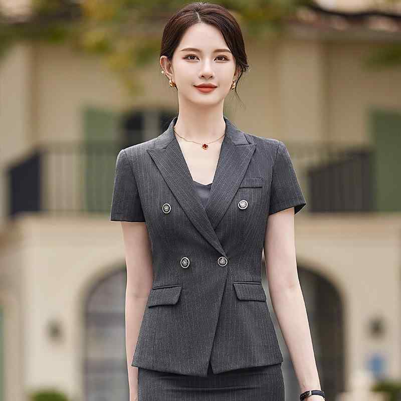 スーツ レディース オフィス ビジネス 通勤 事務服 ホテル 受付 フロント 接客 制服 グレースライプ 半袖 エレガント 上品 きれいめ セットアップ ポリエステル混紡