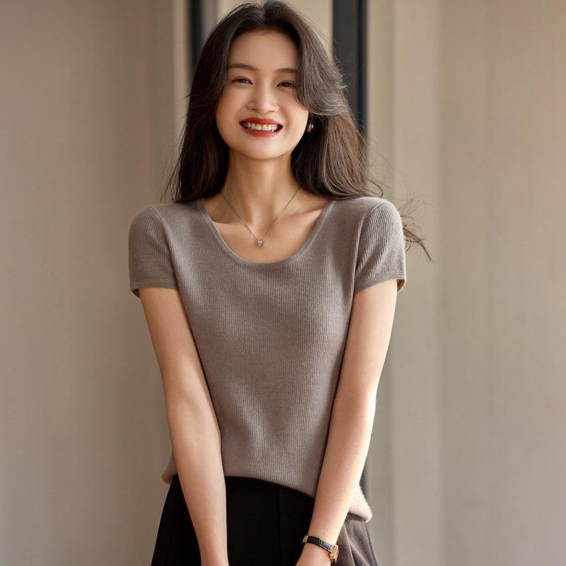 Tシャツ レディース 精紡カシミヤ 薄手 リブ クルーネック フリル袖 半袖 プルオーバー スリムフィット 無地 春夏 カジュアルスタイル