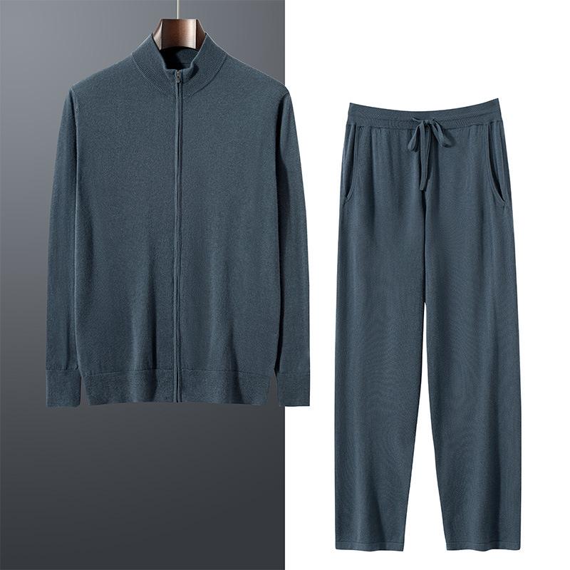 セットアップ メンズ 春秋 上質 カシミヤ100% モックネック ジップアップ カーディガン ドローストリング ストレートパンツ 上品カジュアル リラックスウェア ルームウェア グレー