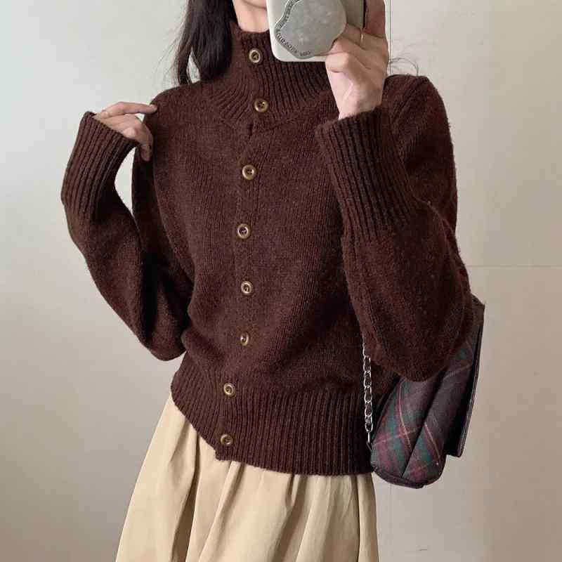 カーディガン レディース フレンチスタイル ハイネック ボタン ウール ニット ショート丈 低身長向け 秋冬 ゆったりシルエット 上品 エレガント