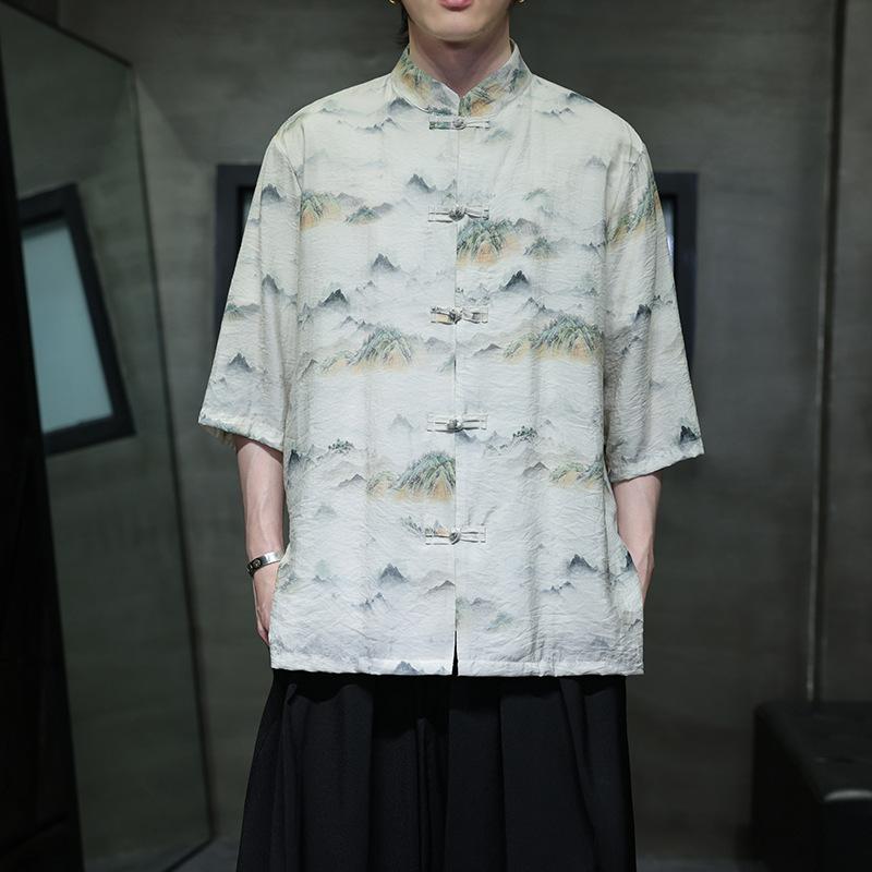 シャツ メンズ 春夏 ゆったり 大きいサイズ 半袖 唐装 漢服 和柄 プリント カジュアル 中国風 アプリコット ホワイト ポリエステル
