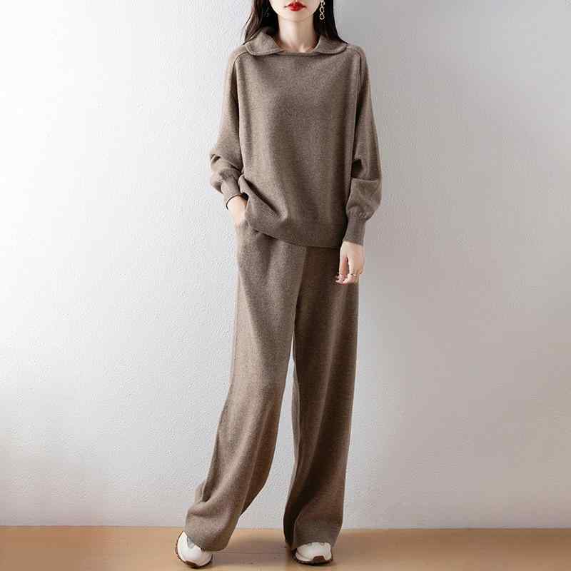 パンツ セットアップ レディース ルーズフィット ドールカラー セーター ワイドパンツ 純羊毛 ニット 着痩せ 体型カバー 無地 ロング丈 リラックススタイル エレガント 秋冬 2点セット｜モズラボ