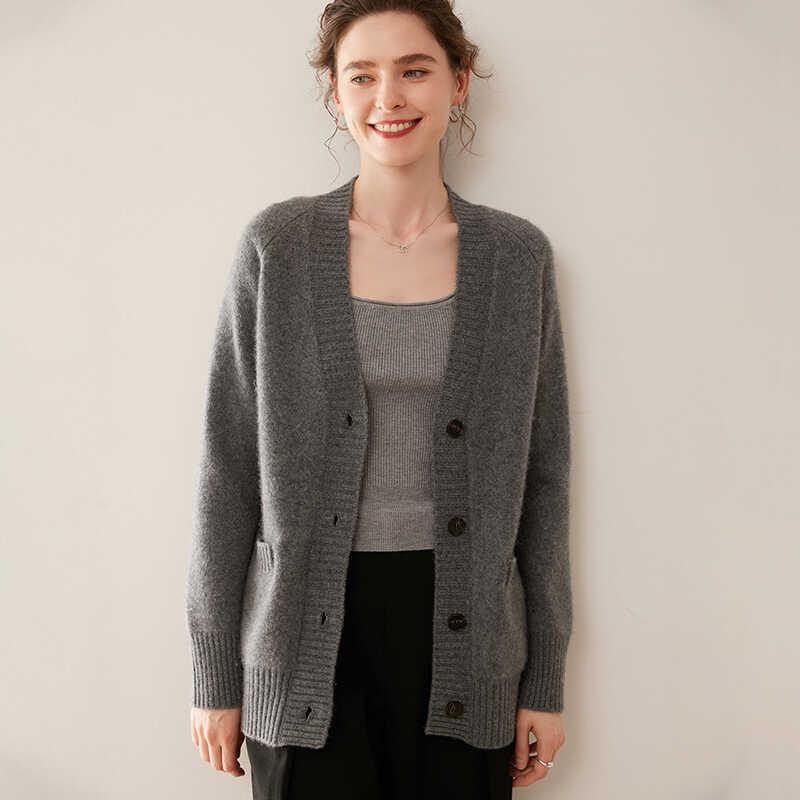 カーディガン レディース Vネック カシミヤ 長袖 ゆったり 前開き シングルボタン ポケット付き きれいめ オフィス 通勤 秋冬 羽織り トップス