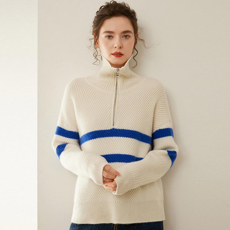 ニットセーター レディース カシミヤ ハーフジップ 厚手 ふわふわ なめらか ゆったり オーバーサイズ リラックス 無地 切り替え プルオーバー ミドル丈 秋冬 重ね着 万能