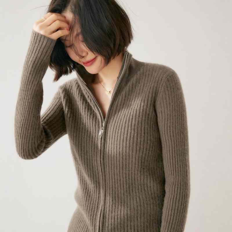 ニット カーディガン レディース 秋冬 厚手 暖か カシミヤ混 ジップ ハイネック リブ編み スリムフィット 長袖 無地 通勤 エレガント 綺麗め トップス