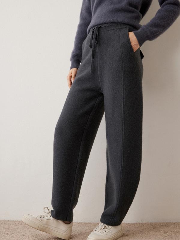 パンツ レディース 通勤 オフィス ハロンパンツ カシミヤ混 ニット ハイウエスト ゆったり テーパード ドローストリング ポケット付き ストレッチ 秋冬 中厚手