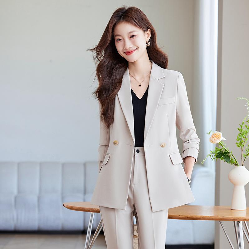 スーツ セットアップ レディース 高級感 フォーマル ビジネス オフィス 通勤 面接 制服 受付 事務服 ホテル マネージャー 春秋 ネイビー ポリエステル スパンデックス素材 伸縮性 長袖 ロングパンツ